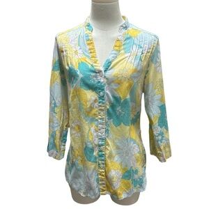 Alfred Dunner Yellow/White/Aqua Floral‎ 3/4 Sleeve Blouse women’s size 10 (1925)